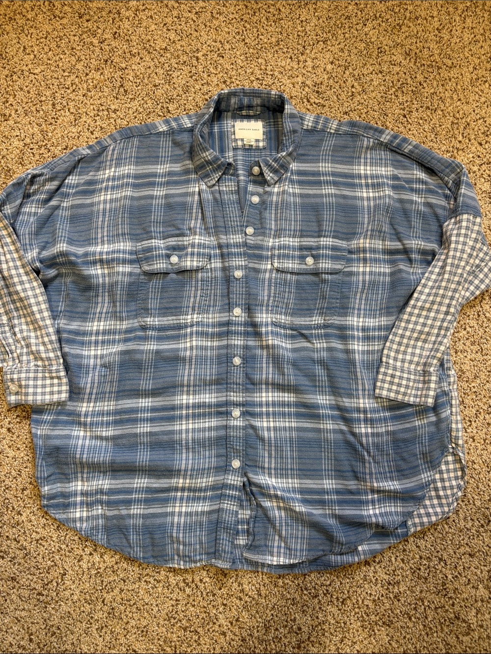 American Eagle Outfitters Blue and White Plaid Button-Down Shirt - Relaxed Fit